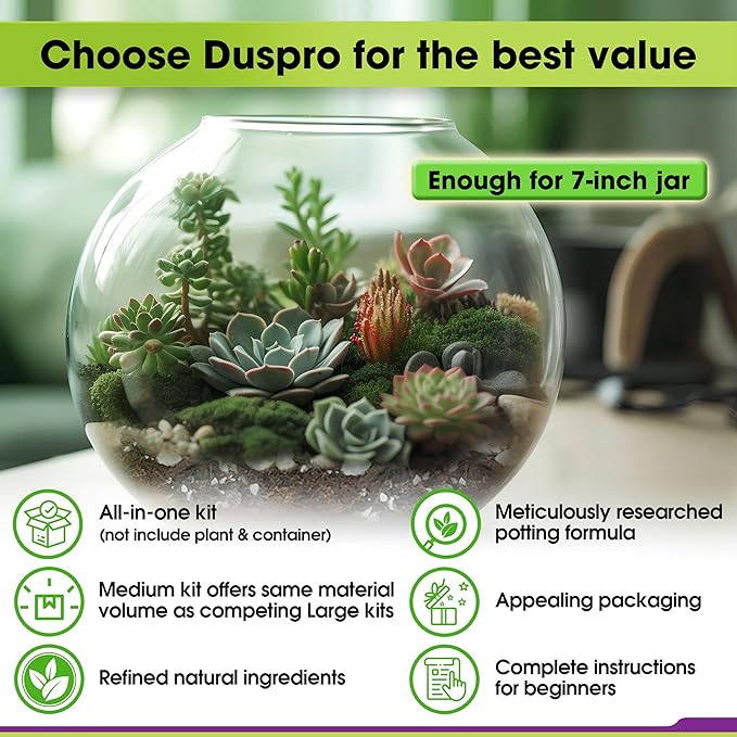 DUSPRO Recycle Terrarium Kit, Include Potting Soil, Pumice, Zeolite, Green Moss, Sphagnum Moss, Decorative Stone, Mesh, Tools, DIY Terrarium Kit for Kids, Air Plant, Succulent