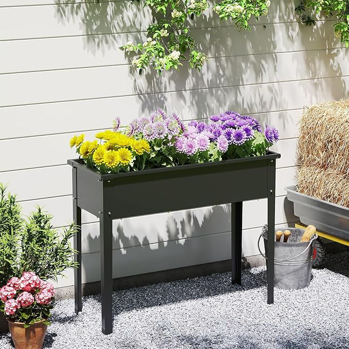 HAPPYGRILL Raised Garden Bed, Metal Elevated Planter Box w/Legs, Drainage Holes for Growing Vegetables Fruits Flowers, Indoor Outdoor Standing Plant Container for Backyard Patio (40”x16”x32”)