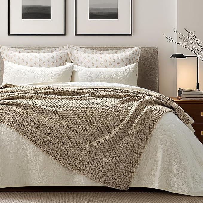 EVERGRACEHOME Chunky Chenille Knit Throw Blanket for Couch, Soft Luxurious Moss Stitch Blankets for Bed, Cozy Decorative Farmhouse Knitted Throws for Sofa, Sand Dune, 50" x 60"