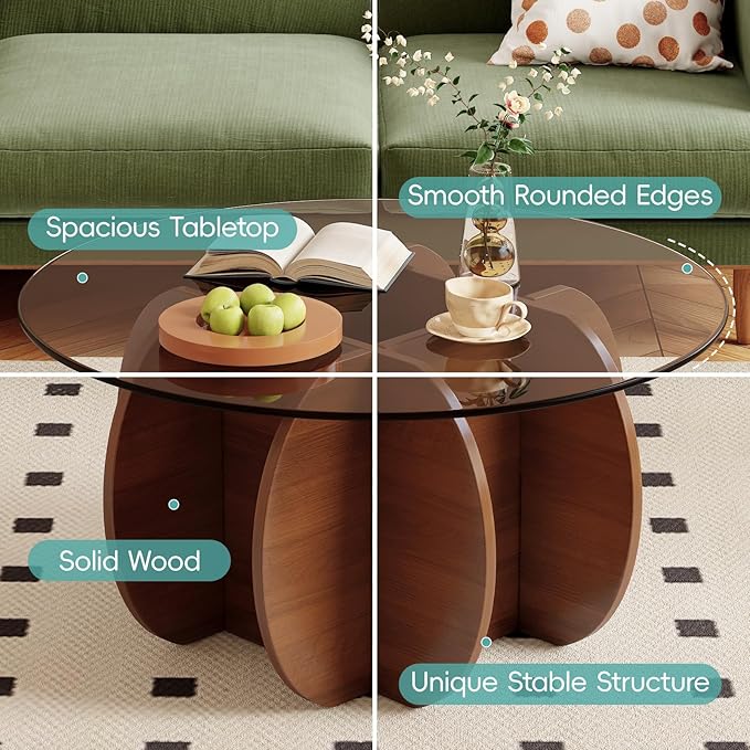 Coffee Table for Living Room Mid Century Modern Round Center Table with Glass Top and Wood, Walnut Brown