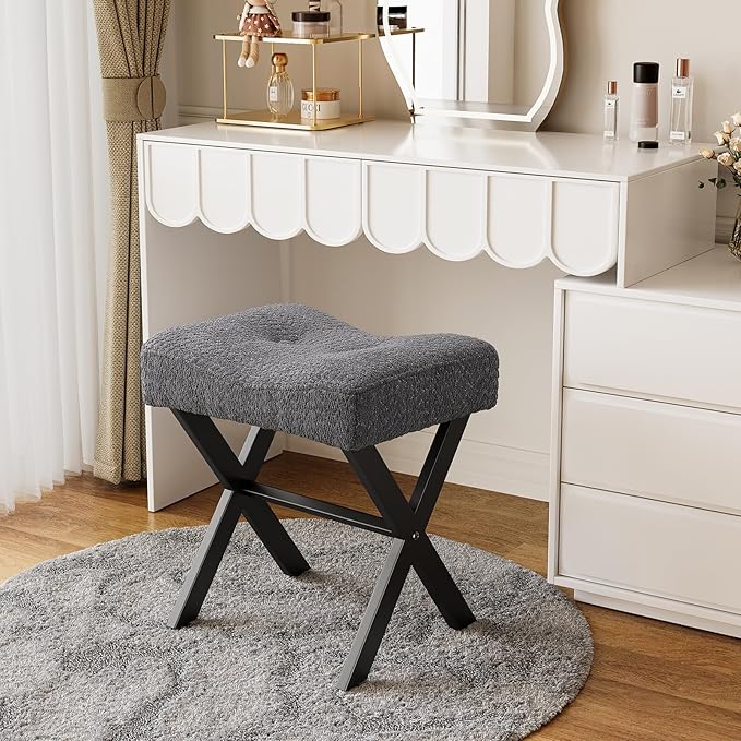18-Inch Vanity Stool Chair, Vanity Bench with Metal X-Legs, Ottoman Accent Stool with Breathable and Soft Boucle Fabric Saddle Seat, Grey
