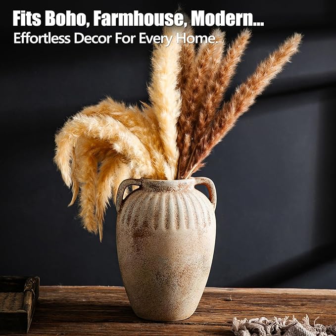 8.3 Inch Tall Large Ceramic Rustic Flower Vase for Home Office Decor, Boho Farmhouse Living Room Coffee Table Kitchen Bedroom Bathroom Wall Decor Aesthetic, Vintage House Shelf Decor -Beige