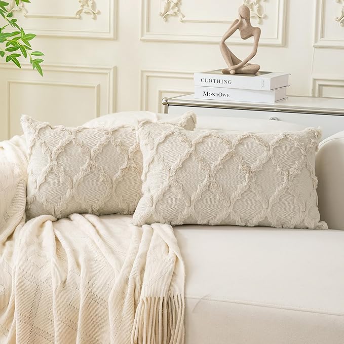 Set of 2 Soft Moroccan Throw Pillow Covers 12x20 Inch Plush Boho Decorative Pillow Cover Accent Cushion Case for Couch Sofa Bed, Beige
