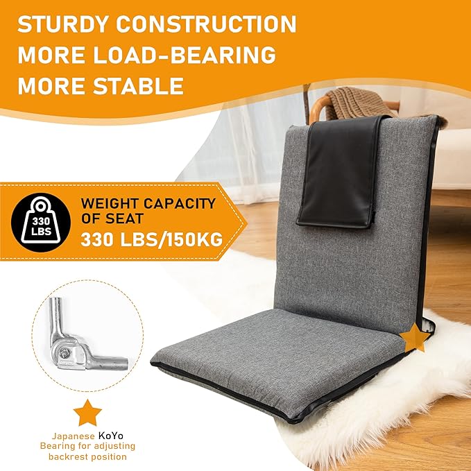 Floor Chair with Back Support 14-Position Adjustable Floor Chair Portable Ground Seating for Adults & Kids Foldable Meditation Seat with Japanese KOYO Bearings & Washable Linen Cover (Grey)