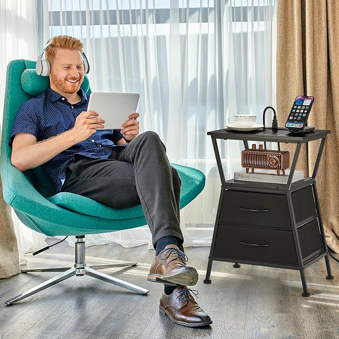 Nightstand with Charging Station, Side Tables for Bedroom with Built-in USB Side Table with 2 USB Ports and Outlets Nightstand with Cloth Drawer End Tables Living Room Sofa Couch