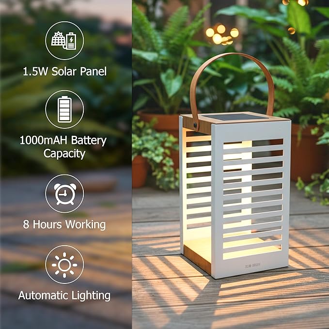 Solar Lantern with Handle - Outdoor Metal Solar Light (7.87×13.78"), Waterproof & Rustproof, 8H Auto-On Warm White Light, Portable for Patio, Porch, Balcony & Garden Decor (Single Pack, White)