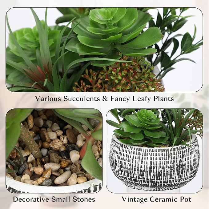 10” Large Succulents Plants Artificial in Ceramic Pots Potted Faux Succulent Arrangement with Black Bowl Pots Fake Desk Succulents Plants for Home Bathroom Shelf Table Indoor Decor