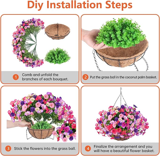 Artificial Hanging Faux Flowers Basket, Fake Silk Petunias Plants Arrangement,for Spring Summer Outdoor Decoration,UV Resistant, Morning Glorias,for Home Garden Decor (PinkPurple)