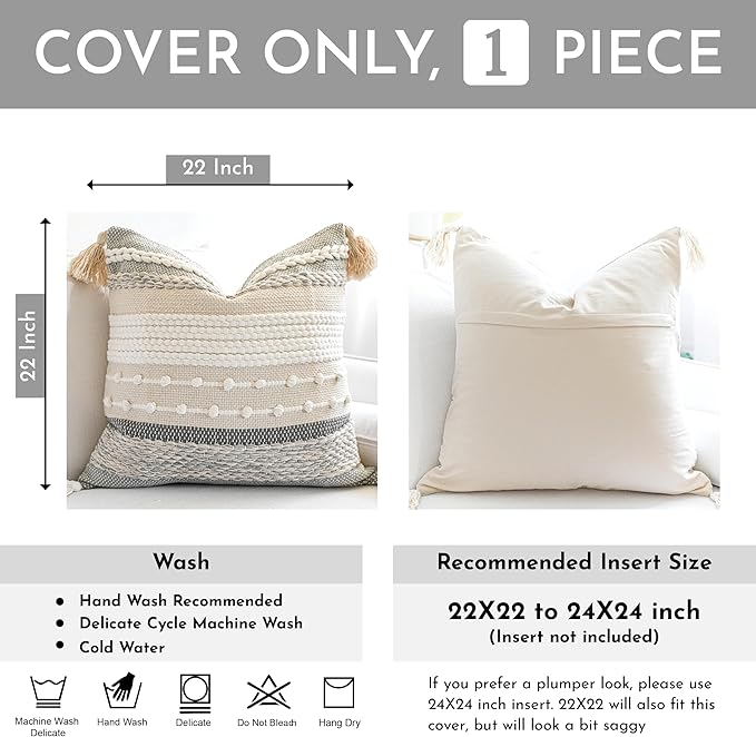 BlissBlush Gray Boho Throw Pillow Cover 22x22, Grey Decorative Accent Pillow for Couch, Square Woven Textured Pillowcase, Modern Farmhouse Pillow for Bed, Bohemian Pillow Cover (Pack of 1)