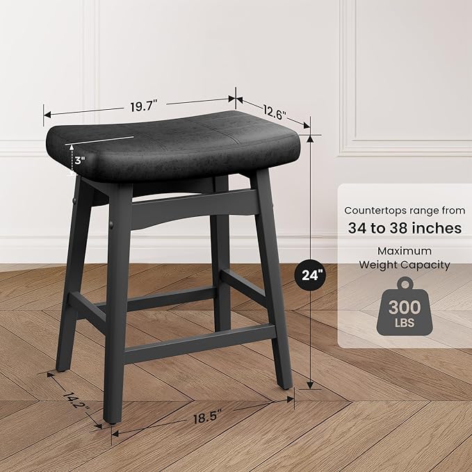 PHI VILLA Counter Height Bar Stools Set of 3 - Farmhouse Barstools with Upholstered Saddle Seat and Solid Wood Legs, Kitchen Counter Island Stools