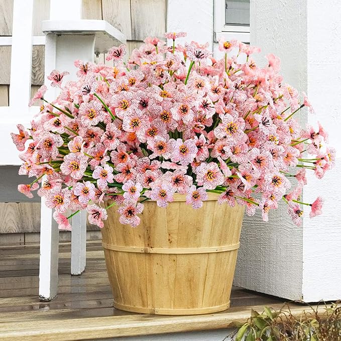 Krissing 48 Bundles Outdoor Artificial Flowers UV Resistant Fake Silk Flowers Faux Plastic Plants Outside Garden Porch Window Box Summer Decoration (Pink)