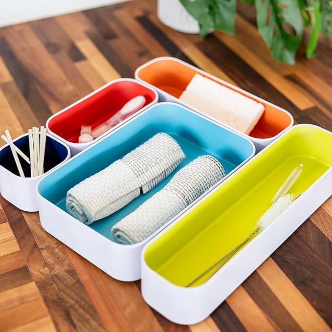 Three by Three Seattle 10 Piece Metal Organizer Tray Set for Storing Makeup, Stationery, Utensils, and More in Office Desk, Kitchen and Bathroom Drawers (2 Inch, Assorted Colors)