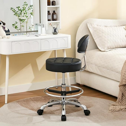 Salon Stool with Back Support (Sturdy Aluminum Base) (Lash Chair with Quiet Wheels and Foot Rest) Black Leather Vanity Chair (Black)