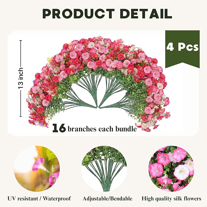 Artificial Flowers for Outdoor, Fake Flowers Faux Plants for Outside Indoor, 4PCS Summer Decor, Morning Glory Petunia UV Resistant, for Garden Porch Window Box Home Planters Farmhouse (Darklightpink)