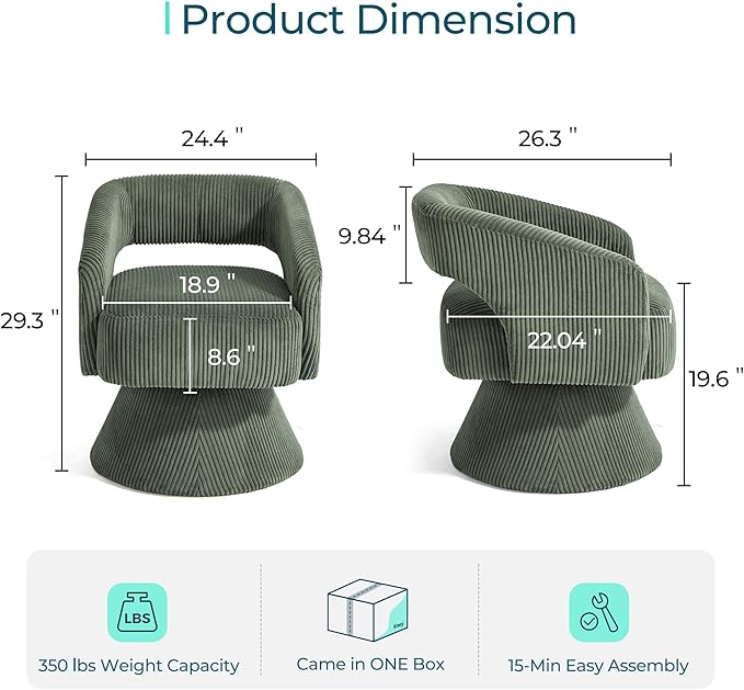 LINSY Swivel Accent Chair, Small Barrel Chair 360 Swivel Modern Armchair, Upholstered Reading Chair for Small Spaces Living Room, Vanity Chair for Bedroom, Green