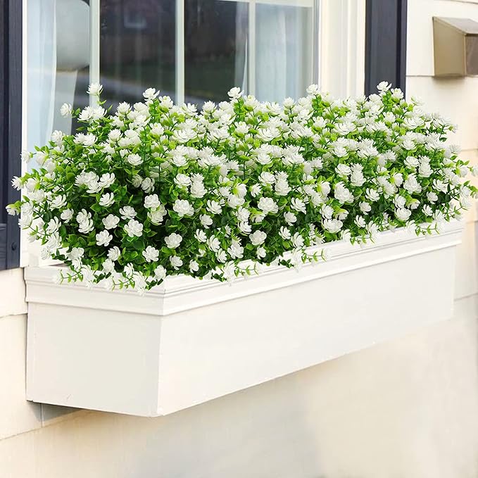 GREENRAIN Artificial Flowers Outdoor Fake Flowers for Decoration UV Resistant No Fade Faux Plastic Plants Garden Porch Window Box Décor (6 Bundles, 4#White)