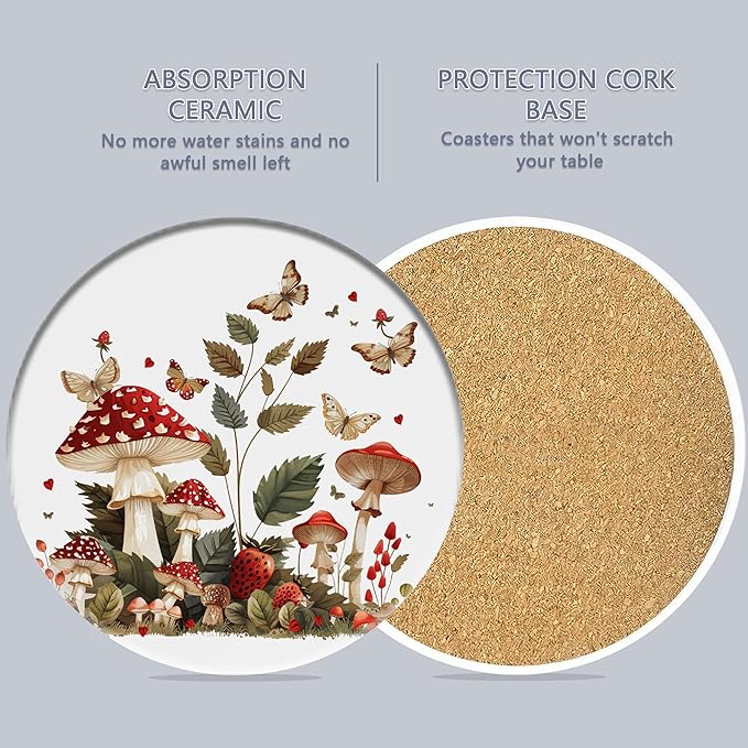Drink Coasters Set of 6 with Holder, Mushroom Butterfly Absorbent Ceramic Drink Coaster for Tabletop Protection,Suitable for Kinds of Cups,Drinks Coasters for Home Office Decoration(4 Inches)