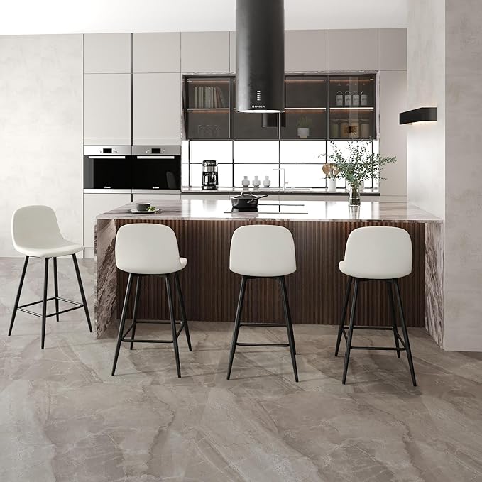 White Bar Stools Set of 4,Faux Leather Counter Height Bar Stools,24.6" Bar Chairs with Back Metal Footrest,Modern Counter Stool with Back and Footrest for Kitchen Island Restaurants Pubs