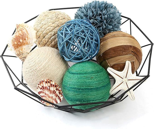 6 Pcs 3.5in Summer Spherical Decorative Balls - Blue & Green Rattan Balls with Twine for Vase & Bowl Fillers