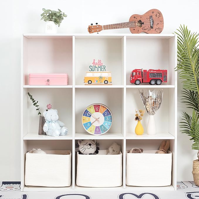 MINTWOOD Design 3-Pack Storage Baskets for Shelves, Playroom and Classroom, Book Basket, Decorative Cube Bins, Woven Closet Organizers, Baby Nursery Baskets, Creamy White