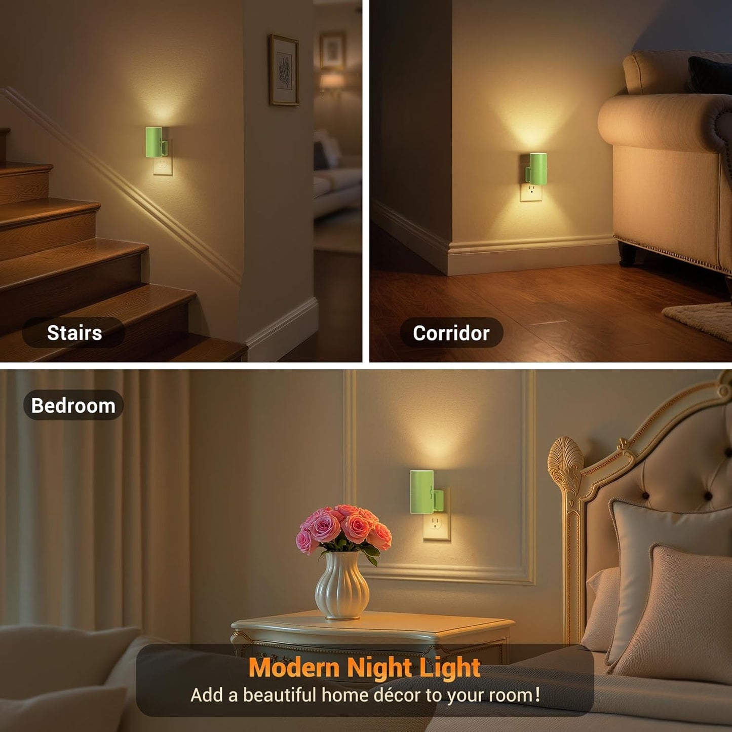 JandCase Night Lights Plug into Wall, Dimmable Night Light Plug in with Green Shade, Modern Night Lights with Dusk to Dawn Sensor, Soft White 3000K, 0-100LM Nightlight for Hallway Bedroom, 2 Pack