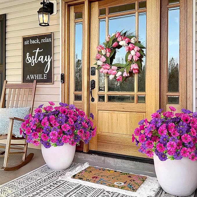 Artificial Flowers for Outdoors Decoration, 10 Bundles Fake Plastic Flower Plant, Faux Colorful Silk Morning Glory Petunias for Outside Garden Porch Front Door Decor, Purple