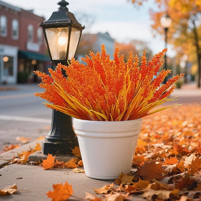 24 Bundles Fall Artificial Flowers for Outdoors, Orange Artificial Lavender Plants, Faux Mums Artificial Flowers, Artificial Mums for Outdoors, Fake Fall Flowers for Porch Planters Decoration (Orange)