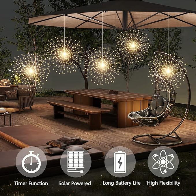 1 Pack Starburst Sphere Lights with Remote Control,200 LED Firework Light, 8 Modes Dimmable Waterproof Hanging Fairy Light, Copper Wire Lights for Patio Parties Christmas (Solar Powered)