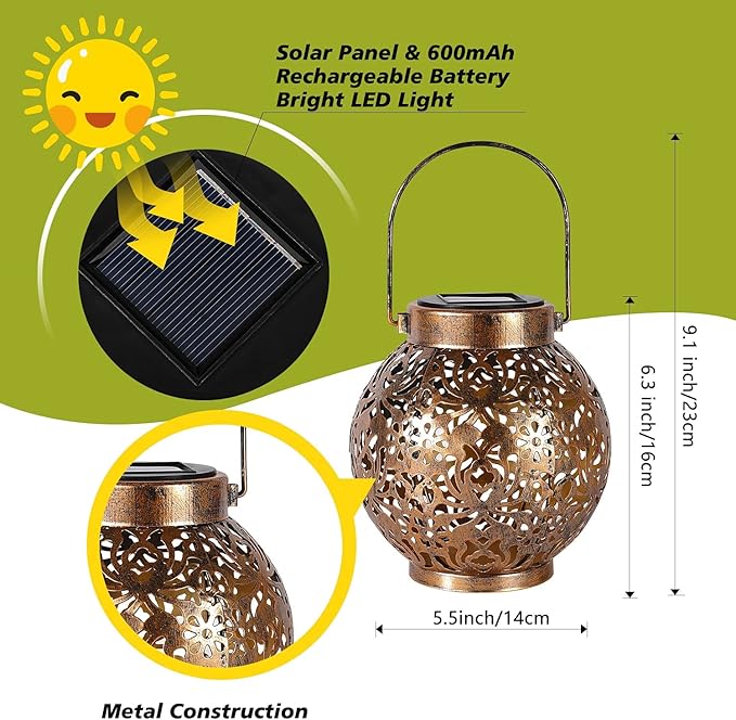 Set of 2 Solar Lanterns Outdoor Hanging Decorative Lights for Garden Patio Porch Decorations. (Bronze)