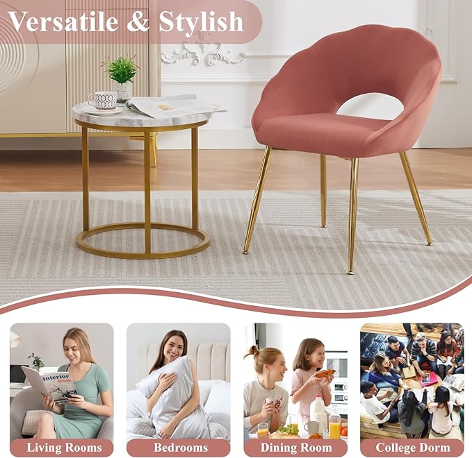 Modern Small Accent Chair Set of 2, Comfy Velvet Vanity Chair with Shell Back & Golden Metal Legs, Decorative Chair no Wheels for Living Room, Makeup Room, Bedroom, Pink