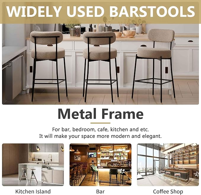 DYHOME Bar Stools Set of 4, Light Brown 27.56 Inches Counter Height Bar Stools with Back & Metal Frame, Modern Upholstered Tall Barstools for Kitchen Island, Pub