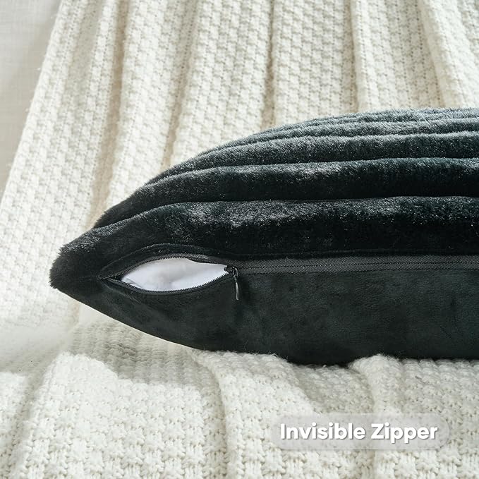 FUTEI Black Striped Decorative Throw Pillow Covers 14x14 Inch Set of 2,Square Fall Decorations Couch Pillow Case,Soft Cozy Faux Rabbit Fur & Velvet Back,Modern Home Decor for Bed