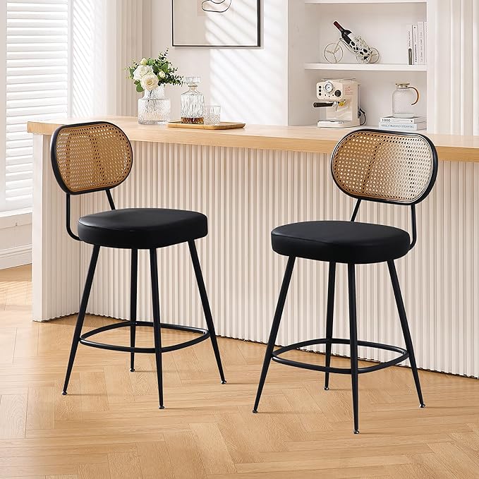 BFZ Counter Height Bar Stools Set of 2, 26" Seat Height Barstools with Rattan Back and Metal Legs, Upholstered Faux Leather Bar Chairs for Kitchen Island, Home Bar, Black