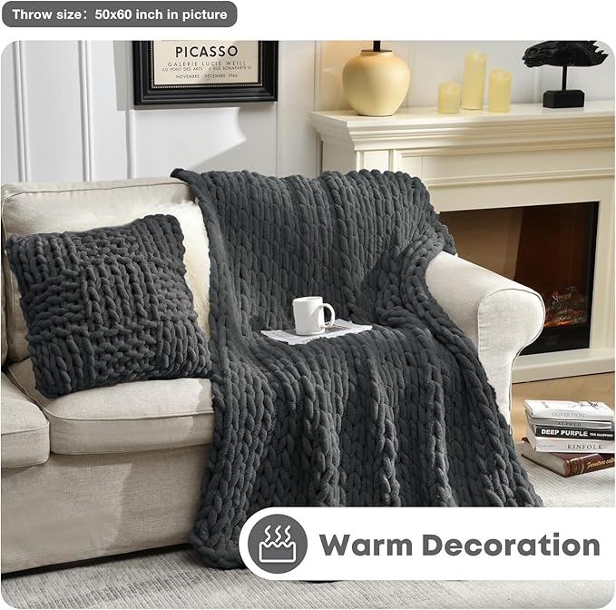 Soft Chunky Knit Blanket, 40X50 in Handmade Thick Chenille Yarn Throw Without Shedding & Raveling, Aesthetic & Cozy Home Decor with Couch Sofa Bed, Gift Pack, Dark Grey