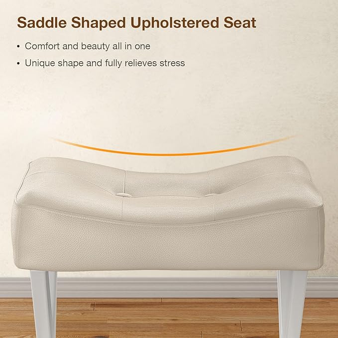 18-Inch Leather Vanity Stool Chair, Vanity Bench with Metal X-Leg, Ottoman Accent Stool with Thick Padded Saddle Seat, Beige