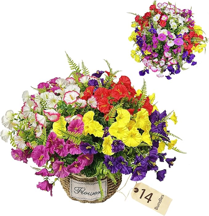 14 Bundles Artificial Silk Flowers for Indoor Outside Decoration Faux Mixed Colorful Morning Glory with Eucalyptus UV Resistant Realistic Fake Flowers for Home Planter Porch Yard Patio