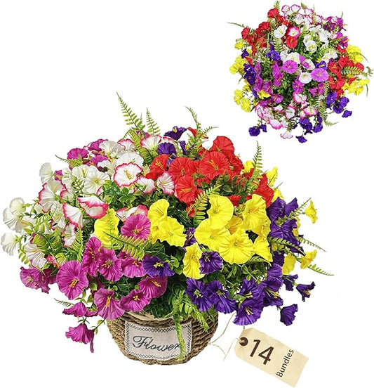 14 Bundles Artificial Silk Flowers for Indoor Outside Decoration Faux Mixed Colorful Morning Glory with Eucalyptus UV Resistant Realistic Fake Flowers for Home Planter Porch Yard Patio