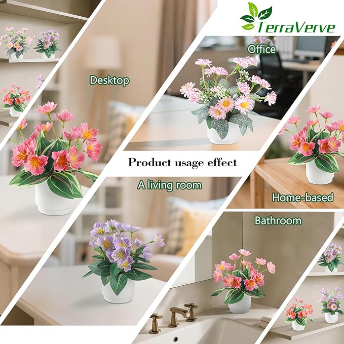 4-Piece Silk Fake Flowers Set | Artificial Plants Indoor for Living Room, Bedroom, Bathroom & Office Decor | Low Maintenance Fake Plants | Boho Style Plants Decor, Home & Bedroom Décor