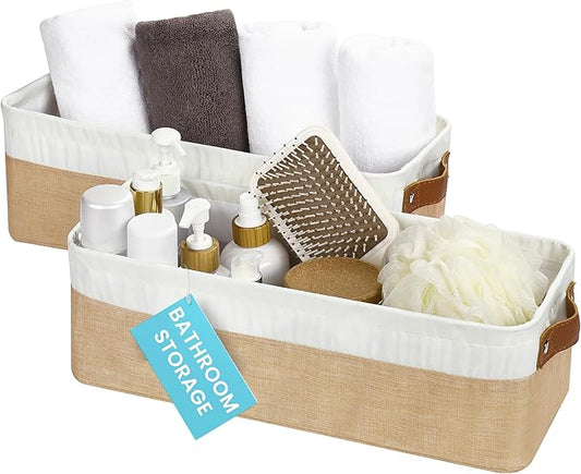 OrganiHaus Narrow Storage Bins 15x06in, Small Closet Bins for Shelves, Bathroom Storage Baskets for Shelves, Narrow Baskets, Fabric Organizer with Handles, Toilet Paper Organizer - 2 Pack, Beige
