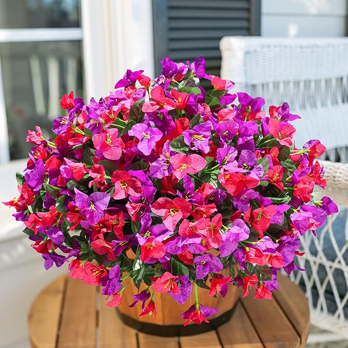 Ivydale Artificial Fake Flowers Faux Plants for Outdoors, 4 Bundles Fake Silk Bougainvillea Flower Look Real UV Resistant Flowers for Planter Patio Porch Window Yard Balcony Home Decor(PurpleHotpink)