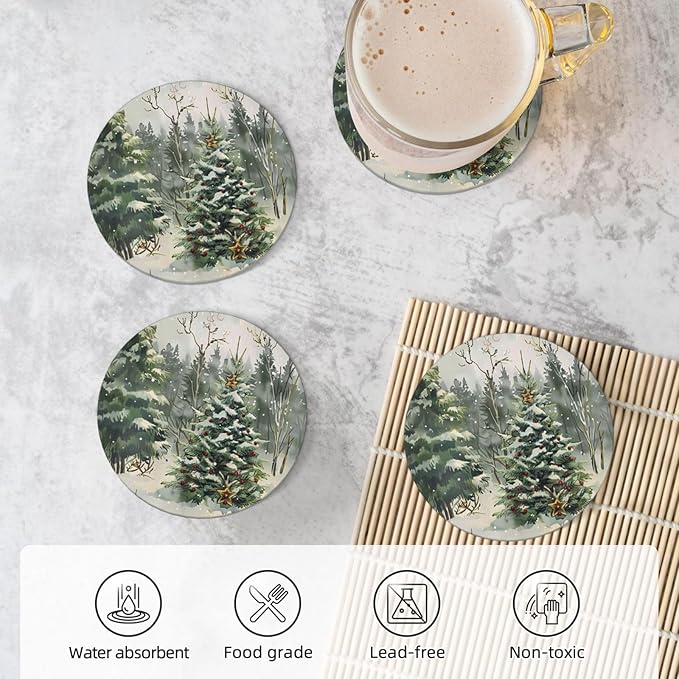 Winter Christmas Tree Coasters for Drinks Red Bell Absorbent Ceramic Coaster Set of 4 for Coffee Table Cup Bar Coasters with Cork Base Round Stone Mats Holiday Housewarming New Home Decors