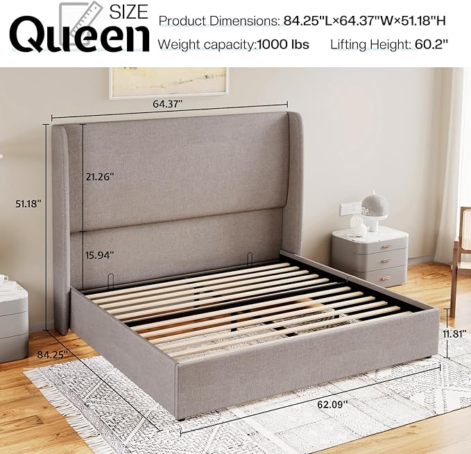 Jocisland Queen Size Lift Up Storage Bed Frame Linen Upholstered Platform Bed/Hydraulic Storage/Modern Wingback Headboard/No Box Spring Needed/Wood Slats Support/Light Grey