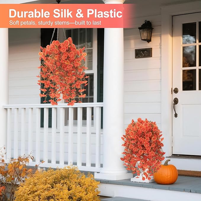 Fall Flowers Artificial for Decoration, 4Pcs Fake Hanging Flowers Morning Glory UV & Fading Resistant, Artificial Faux Plants Deocr for Home Patio Yard Garden Farmhouse Fall Decor Halloween