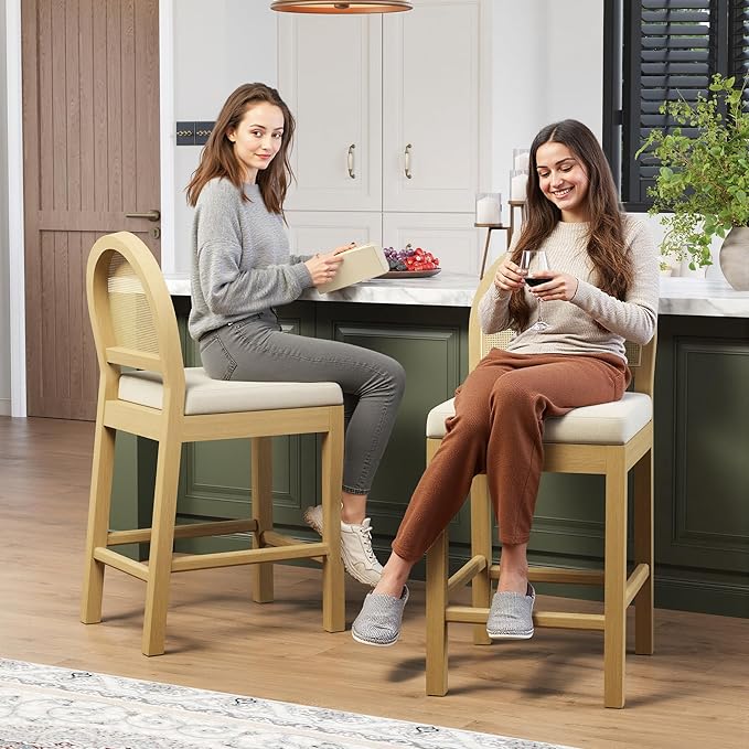 STHOUYN Upholstered Rattan Bar Stools Set of 2, Wooden Counter Height Stools with Natural Rattan Woven Back and Chenille Seat, Mid-Century Modern Island Chairs Barstools for Kitchen (2, Cream White)