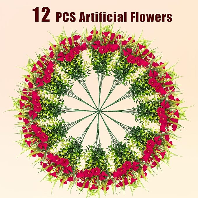 Artificial Flowers Outdoors 12 Bundles Artificial Petunias Fake Flowers UV Resistant Shrubs Plants with Fern for Indoor Outside Hanging Planters Home Garden Summer Decorations(Rose Red)