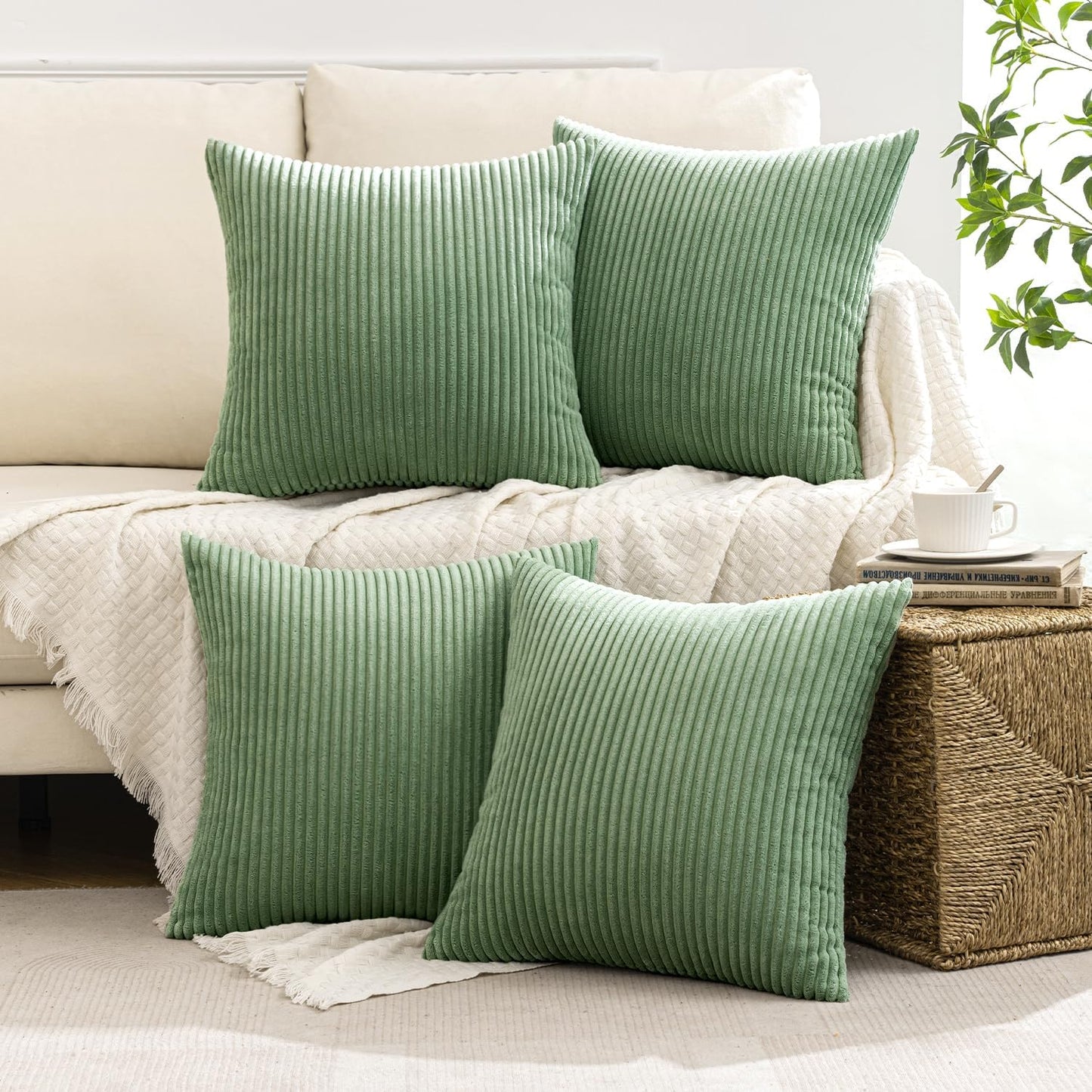 MIULEE Boho Farmhouse Throw Pillow Covers 18x18 Inch Set of 4 Mordern Nordic Cushion Covers Soft Corduroy Home Decor for Couch Bed Sofa Living Room Sage Green