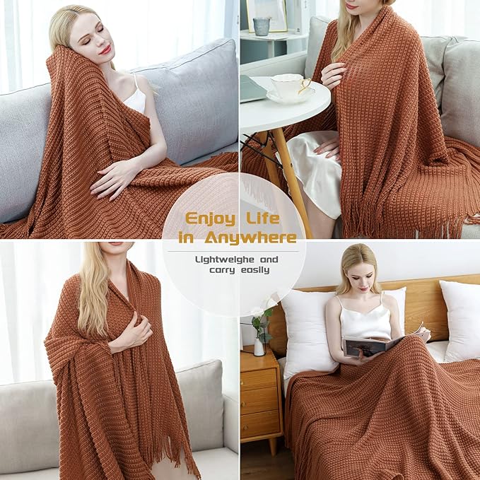 Blagic Knitted Throw Blanket for Couch,Soft Farmhouse Boho Fall Throw Blanket with Tassels,Home Decorative Lightweight Throw Blankets, Orange Rust Throws for Bed/Chair/Sofa, 50" W x 60" L