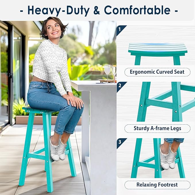 nalone 29 Inch Outdoor Bar Stools Set of 2, HDPE Bar Chairs with Footrest, Weather Resistant Barstools Outside Counter Height Stools for Patio, Kitchen, Yard (Aruba, 29'' Barstools Set of 2)