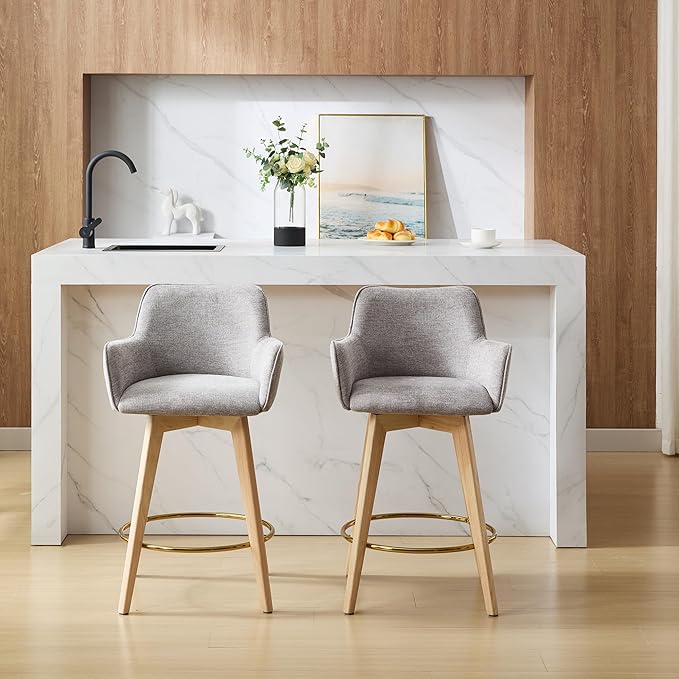 Counter Height Swivel Counter Stools, Linen Upholstered Bar Stools with Back, Arms, Solid Wooden Legs, 26 Inch Chairs for Kitchen Island, Home Pub, Bar, 1 Pcs, Grey