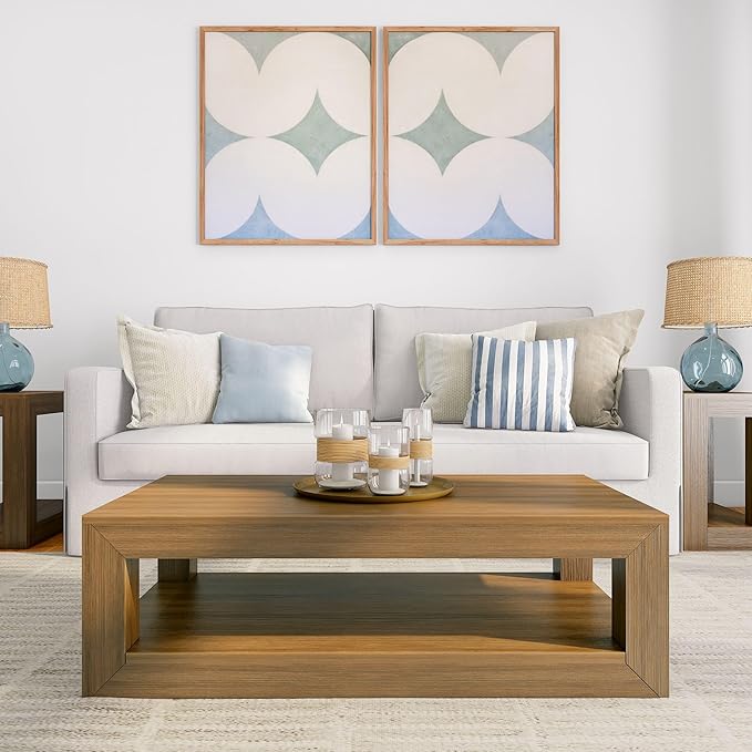 Plank+Beam 40" Modern Rectangular Coffee Table with Shelf, Solid Wood Center Table with Storage, 2 Tier Tea Table for Living Room, Pecan Wirebrush